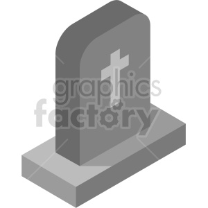 Isometric illustration of a gray tombstone with a cross on a grave platform.