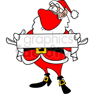 A festive clipart image of Santa Claus wearing a face mask and holding a blank sign.