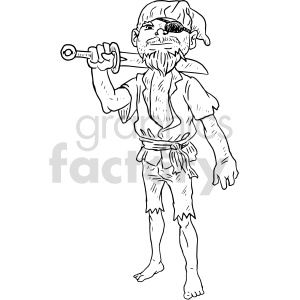 A pirate-themed clipart image featuring a bearded pirate with an eye patch and a sword, in a casual stance. The pirate is dressed in a classic ragged outfit with a bandana and sash.