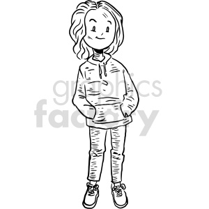 Clipart illustration of a girl wearing a hoodie and pants with a casual stance.