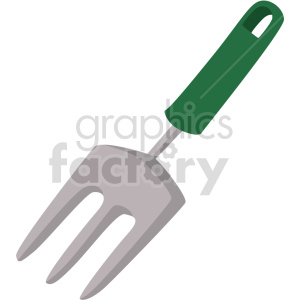   The image is a clipart of a hand garden fork, which is a small tool used in gardening. The garden fork depicted has a green handle and gray metal tines. 