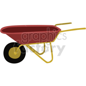   The clipart image depicts a red wheelbarrow with a single yellow wheel and yellow handles. It