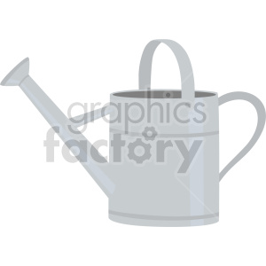 The image depicts a simple gray watering can with a handle and a spout. It's a typical tool used for gardening to water plants.