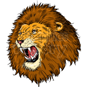   The clipart image shows the head of a lion facing forward. The lion has a golden-brown mane around its face and neck. Its mouth is open slightly, revealing its teeth, and its ears are erect. The image appears to be a stylized illustration of a lion