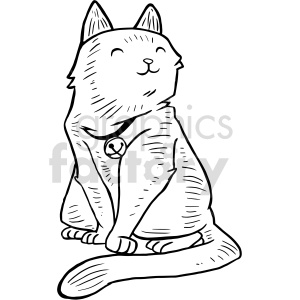 This clipart image features a line drawing of a cat sitting upright. The cat is smiling with its eyes closed and has two pointed ears. It also wears a collar with a tag that may resemble a bell or medallion. However, there is no visible tattoo on this cat.
