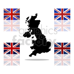 The image shows a central silhouette of Great Britain surrounded by four Union Jack flags, which represent the national flag of the United Kingdom, at each corner of the image.