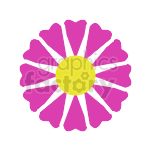 A bright and vibrant clipart image of a pink flower with a yellow center, having stylized petals radiating outward.