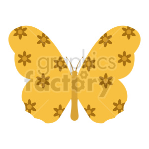 The image is a simple illustration of a yellow butterfly with a pattern of brown flowers on its wings. The butterfly has symmetrical wings and is displayed in a front-facing, upright position with its antennae visible on top of its head.