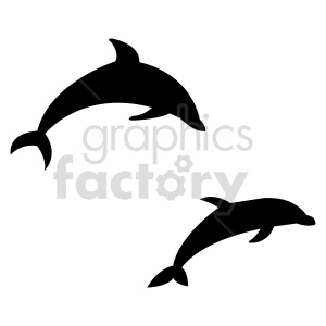 The clipart image shows two black silhouettes of dolphins in mid-leap or jump, positioned against a white background. They appear to be stylized representations, possibly showing one larger and one smaller dolphin, likely indicating an adult and a younger dolphin engaged in playful movement or swimming.