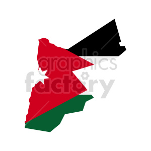 Map silhouette of Jordan filled with the national flag colors.