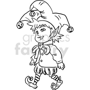 A whimsical black and white clipart image of a cheerful elf wearing a jester hat with bells, pointy ears, and curled shoes.