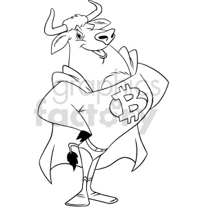 Clip art featuring a confident, anthropomorphic bull dressed as a superhero with a Bitcoin symbol on its chest.