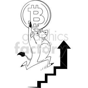 A clipart image of a bullish cartoon figure holding a Bitcoin symbol while jumping upwards on a staircase, symbolizing the rise of Bitcoin value.