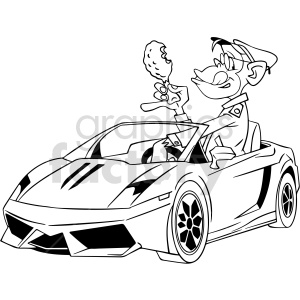 A cartoon illustration of an amphomorphic monkey, driving a sports car and holding a piece of fried chicken.