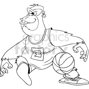 A black and white clipart image of a cartoon gorilla playing basketball. The gorilla is wearing a basketball jersey and sneakers, and is dribbling a basketball.