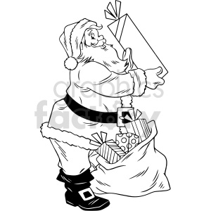 A black and white clipart image of Santa Claus holding a large gift box and a sack full of presents.