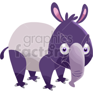 The clipart image depicts a stylized cartoon anteater. The anteater is illustrated using a playful, whimsical design, with a large rounded body, pronounced snout, and a gradient of purple and grey colors. It has big expressive eyes and seems to be standing on all four legs with a slightly tilted head, giving it a curious and friendly appearance.