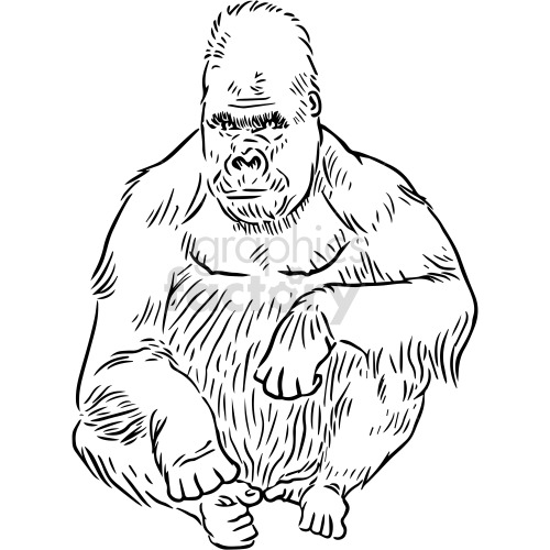 A black and white clipart-style illustration of a gorilla sitting with a serious expression.