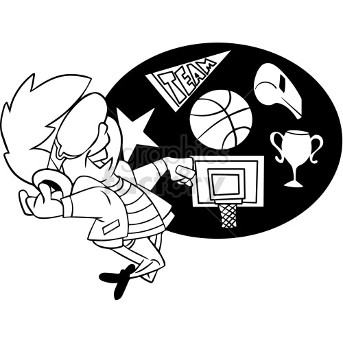 Clipart image featuring a character with headphones and a VG headset on, surrounded by sports-related items including a basketball, a hoop, a trophy, a whistle, a star, and a pennant with the word 'TEAM'.