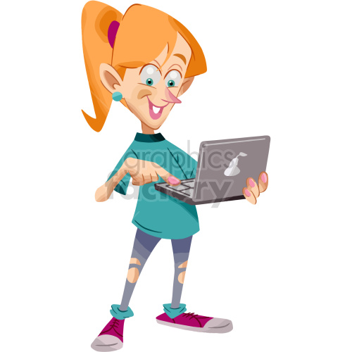 The clipart image depicts a cartoon female geek or nerd, who is a software engineer. She is depicted as a young woman with a ponytail, wearing a green shirt and blue pants with holes in. The image shows her holding a laptop computer and smiling.
