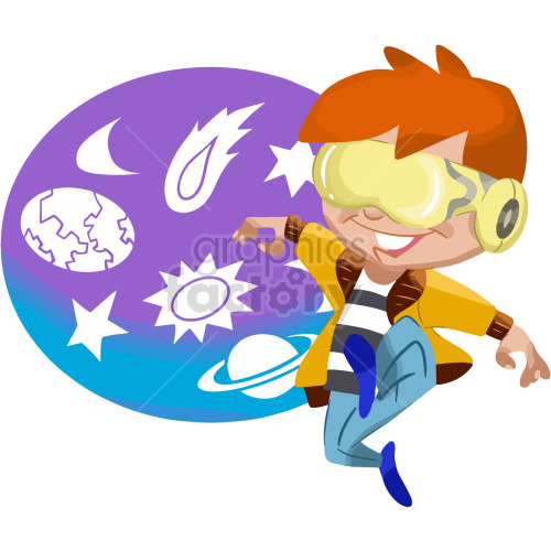 Clipart image of a boy with virtual reality goggles standing against an outer space-themed background with cosmic elements.