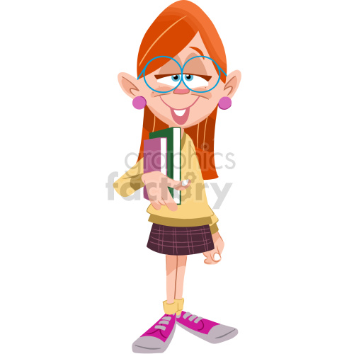 A cartoon image of a girl with red hair, large glasses, and a cheerful expression holding books. She is wearing a yellow sweater, a plaid skirt, and pink shoes.