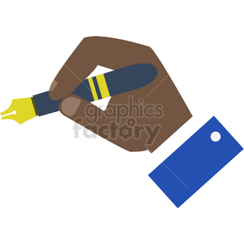 Illustration of a hand holding a fountain pen, prepared to write. The hand is wearing a blue sleeve.