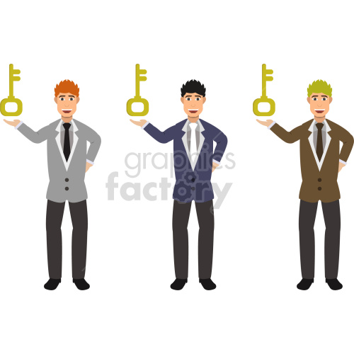 Clipart image of three business men each holding a golden key. They are dressed in different colored suits: gray, navy blue, and brown.