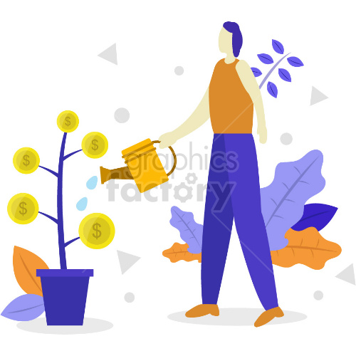 A person watering a plant with coins growing on it, symbolizing investment and financial growth.