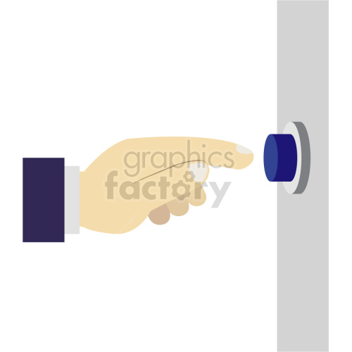 This clipart image depicts a hand with a finger extended, pressing a blue button on a wall. The hand is dressed in a dark sleeve, indicating a formal or business setting.