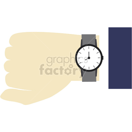 A simple clipart image of a hand wearing a wristwatch. The watch has a grey band and a white clock face with black hour markers and hands.