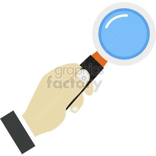 A clipart image of a hand holding a blue magnifying glass.