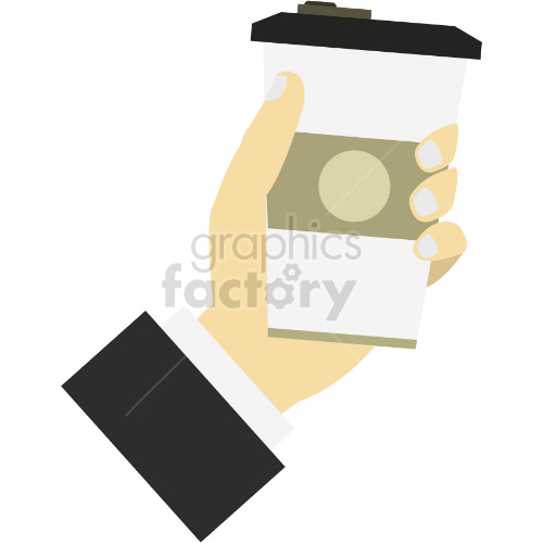 Clipart image of a person's hand holding a takeaway coffee cup. The hand appears to be wearing a formal black sleeve.