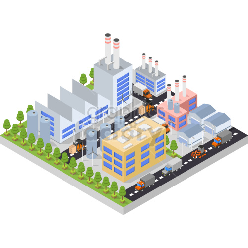 Isometric clipart image of an industrial complex with multiple factories, warehouses, trucks, and trees. The illustration features various buildings with chimneys and ventilation systems, as well as transportation vehicles like trucks and forklifts.