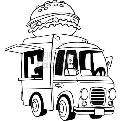 A black and white clipart image of a food truck with a giant burger on top.