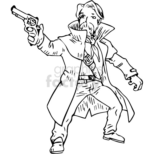   The clipart image shows a black and white depiction of a man with a cowboy hat, holding a gun in a classic Western-style pose. He is likely a representation of a "gun-slinger" or a fighter in the Wild West era.
 
