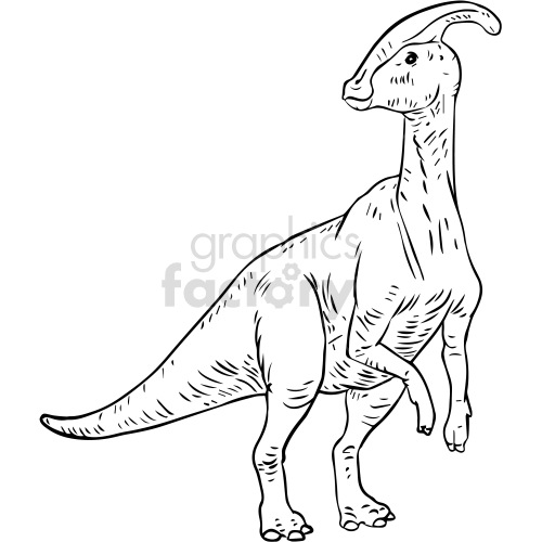 The image is a line drawing of a dinosaur that appears to be a bipedal herbivore, possibly resembling a member of the hadrosaur family, commonly known as duck-billed dinosaurs. The dinosaur features a noticeable crest on its head, which could indicate it's a Parasaurolophus, known for its elongated, backward-curving cranial crest.