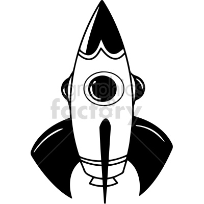 Black and white clipart image of a stylized rocket ship with circular windows and fins.