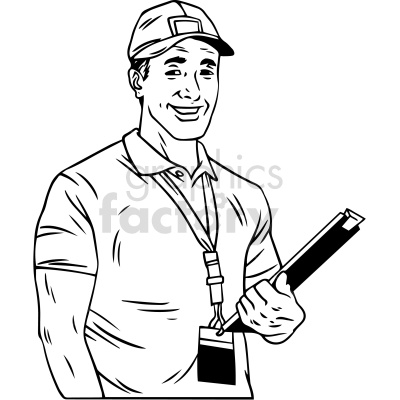 Black and white clipart image of a smiling man wearing a baseball cap, a polo shirt, and a lanyard with an ID badge. He is holding a clipboard in his hand.