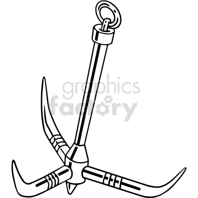 A black and white clipart image of a grappling hook with three prongs and an eyelet at the top.