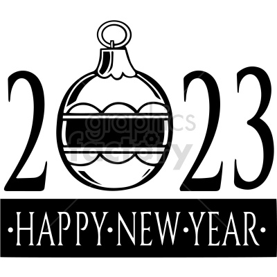 Black and white clipart image featuring the year '2023' with a decorative ornament replacing the zero. The phrase 'Happy New Year' is written below.