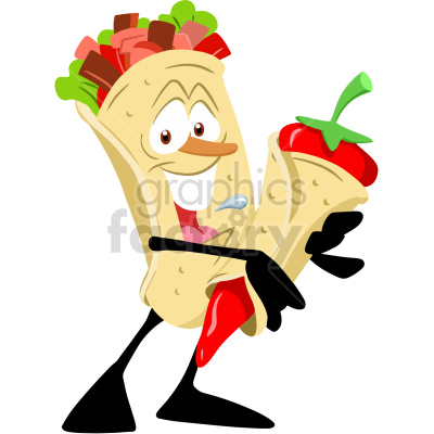 A funny and cheerful animated wrap character holding a red pepper, with a big smile and big eyes.