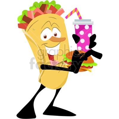 Clipart image of a cheerful taco character holding a burger and a drink with a straw.