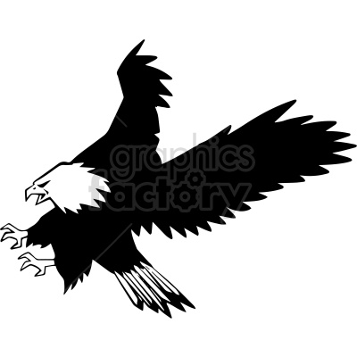 A black and white clipart image of a bald eagle in mid-flight with wings spread wide and claws extended.