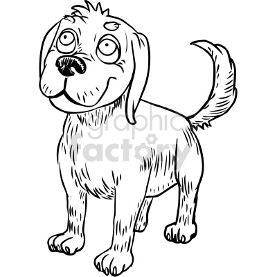 A black and white clipart illustration of a happy dog with large, expressive eyes, floppy ears, and a wagging tail.