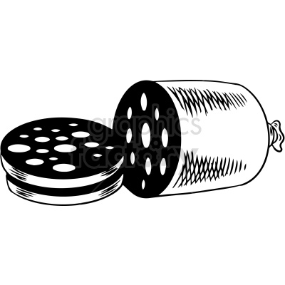 A black and white clipart image of a sliced cylindrical sausage or salami with visible fat patterns inside.