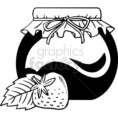 A black and white clipart image depicting a jar with a cloth cover and ribbon, accompanied by a strawberry and a leaf.