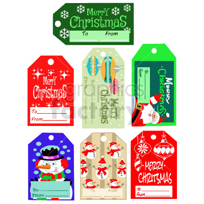 A collection of six colorful Christmas gift tags featuring festive designs such as snowmen, Santa Claus, Christmas ornaments, and the text 'Merry Christmas'. Each tag has 'To' and 'From' fields for personalization.