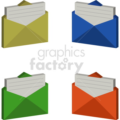 Clipart image of four colored envelopes (yellow, blue, green, and orange) each containing a letter with lines indicating text.