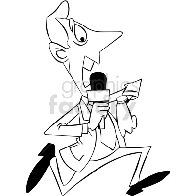 A cartoon-style clipart image of a male reporter holding a microphone and a piece of paper, running or walking quickly, with an expressive facial expression.